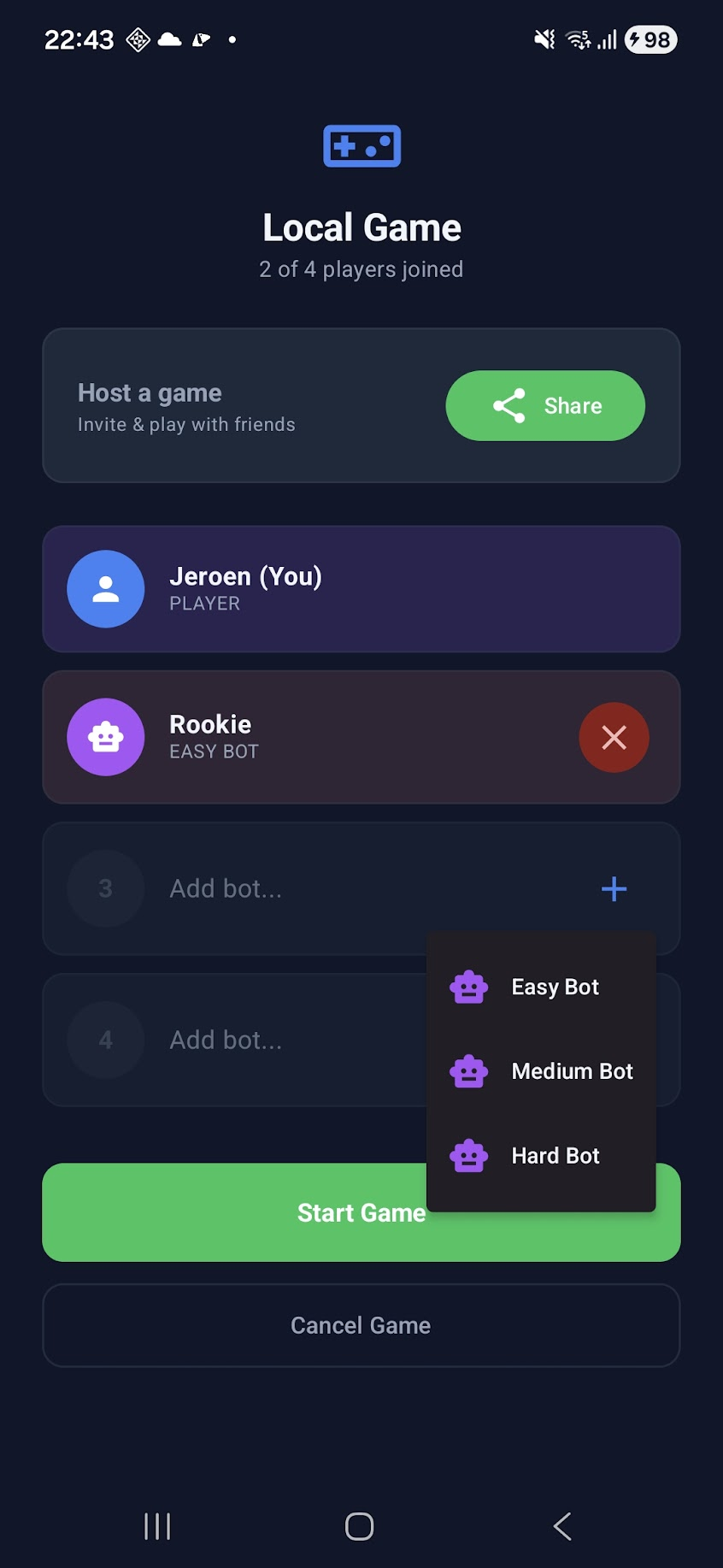 Multiplayer lobby showing room creation and QR invite