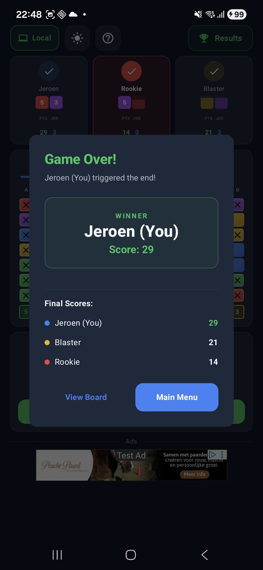 Winner screen displaying final scores and bonuses